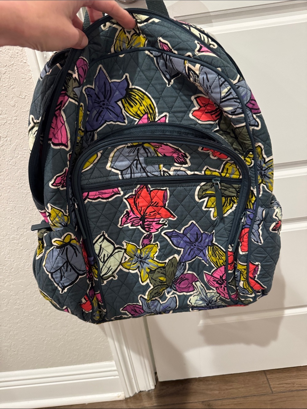 Vera Bradley Quilted Floral Backpack in Teal with Multicolor Blooms